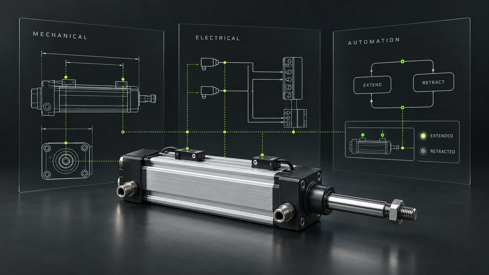 AI-generated illustration of a pneumatic cylinder linked to its mechanical drawing, electrical connections and automation sequence