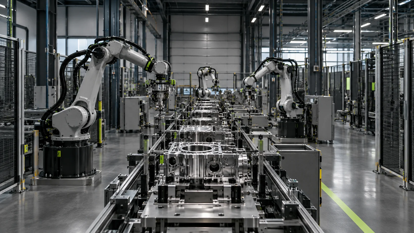 AI-generated illustration of a robotic assembly line in an industrial workshop