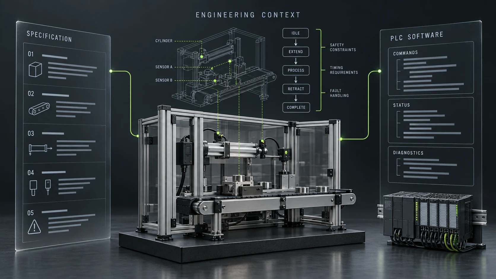 AI-generated illustration connecting a functional specification, an assembly station and its engineering model, and PLC software