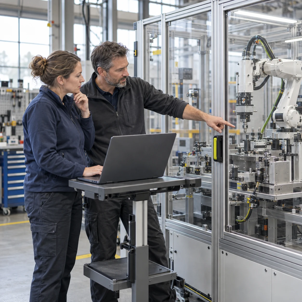 AI-generated illustration of two industrial specialists reviewing a machine together